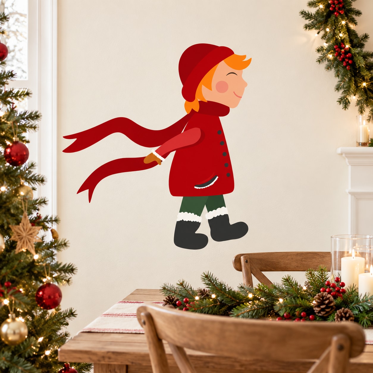 Walking boy printed die-cut decal, red coat and hat, black boots