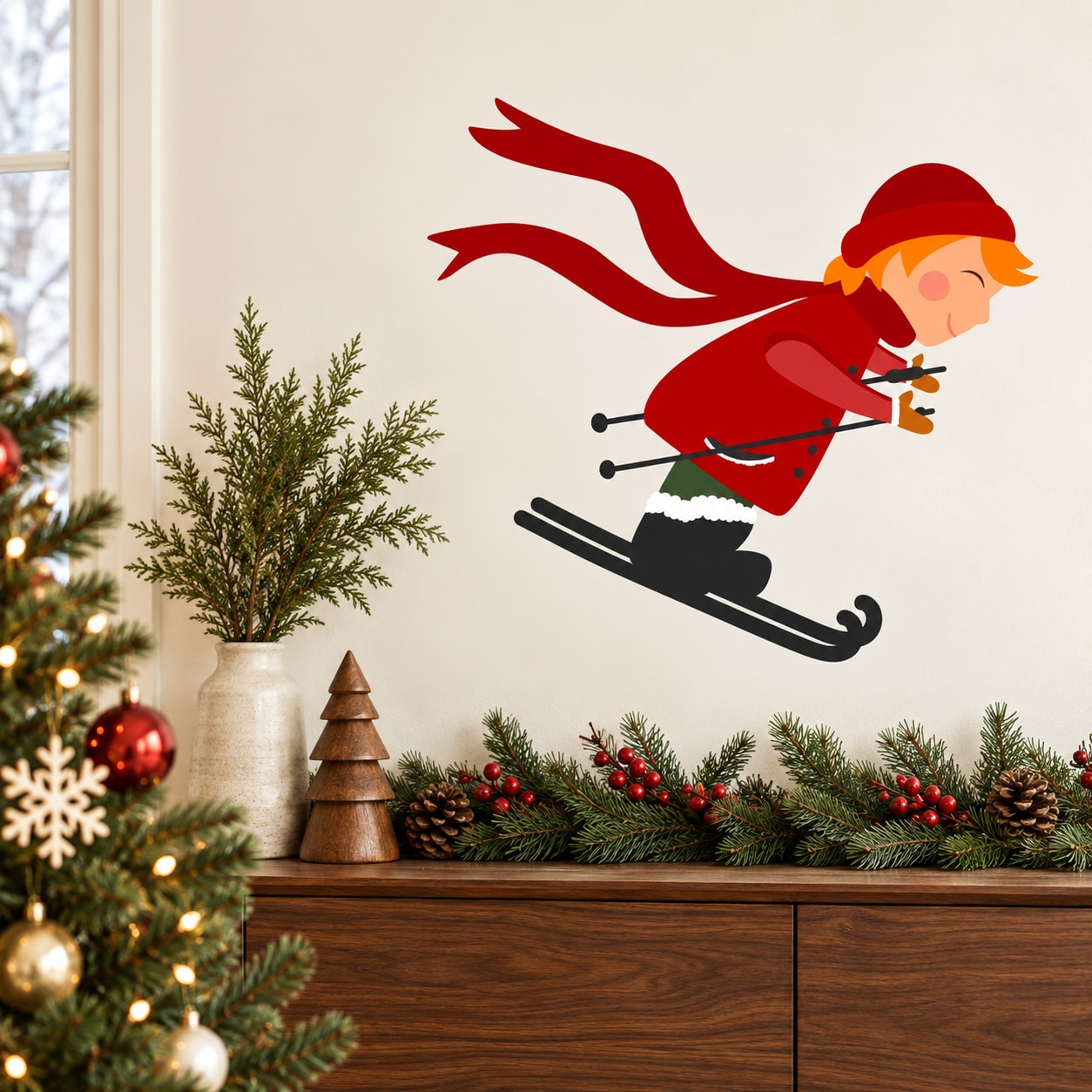 Boy skiing red and orange die-cut decal with motion flames