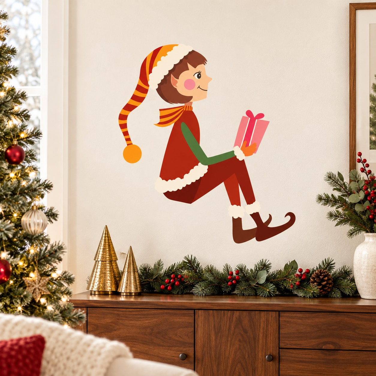 Child holding a wrapped gift die-cut printed wall decal, colorful festive design
