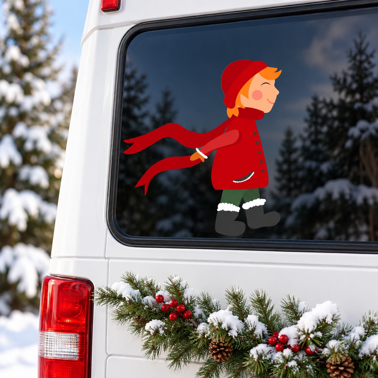 Girl walking printed die-cut decal: red coat and hat on a black background