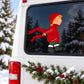 Girl walking printed die-cut decal: red coat and hat on a black background