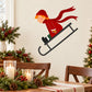 Girl sledding printed die-cut decal with red hat and dark sled