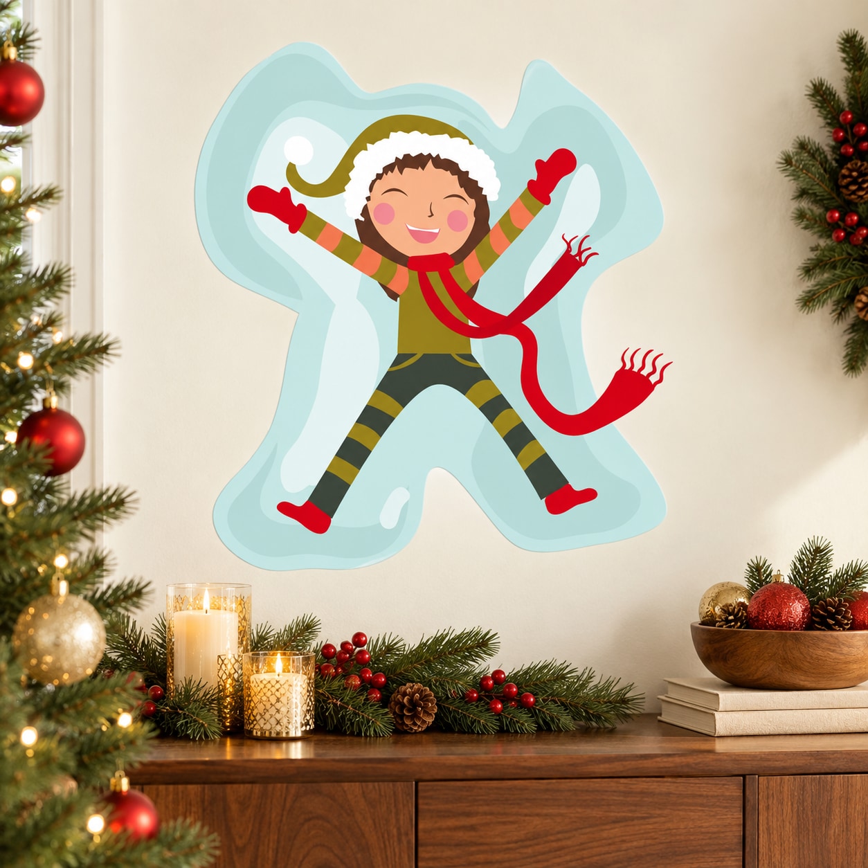 Snow angel printed die-cut decal with smiling girl in winter outfit, red gloves and striped legs