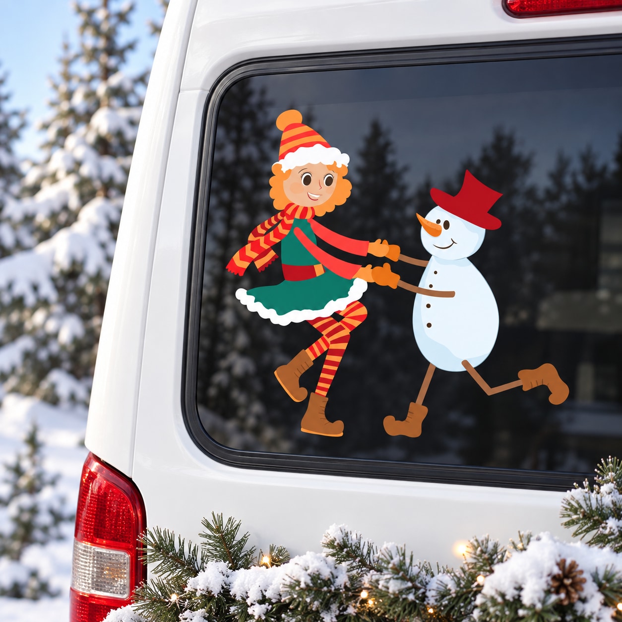 Girl dancing with snowman printed die-cut decal, colorful winter characters