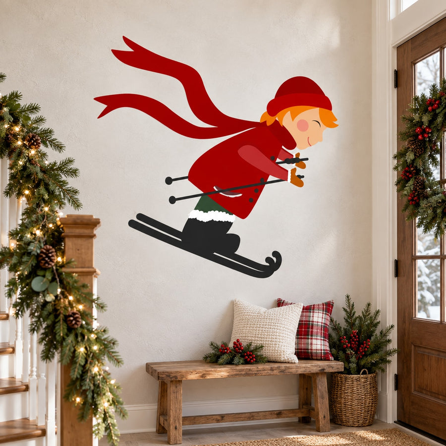 Skiing girl printed die-cut wall decal with red hat and skis