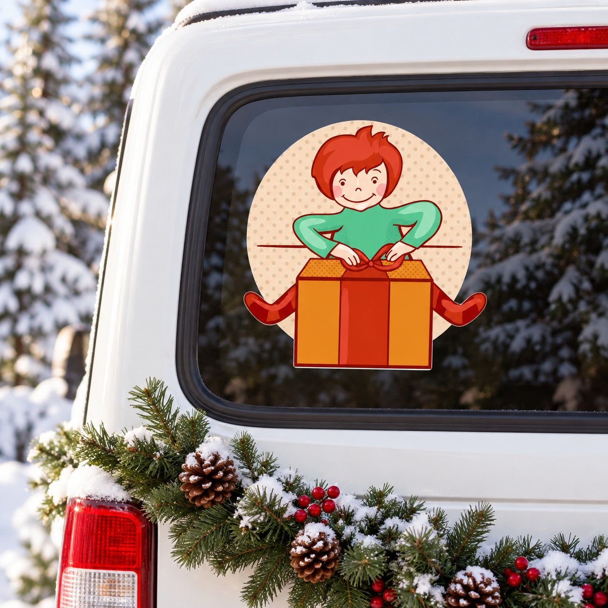 Circular child opening present sticker with cartoon boy holding a red gift box