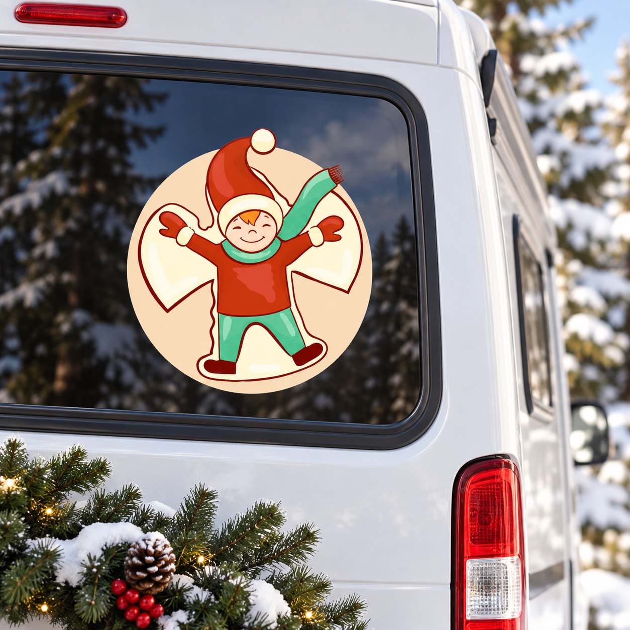 Die-cut decal sticker of a child making a snow angel, round cream background