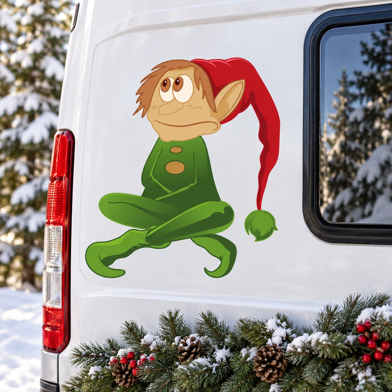 Cross-legged elf character sticker, green outfit with brown hair and red hat