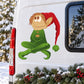 Cross-legged elf character sticker, green outfit with brown hair and red hat