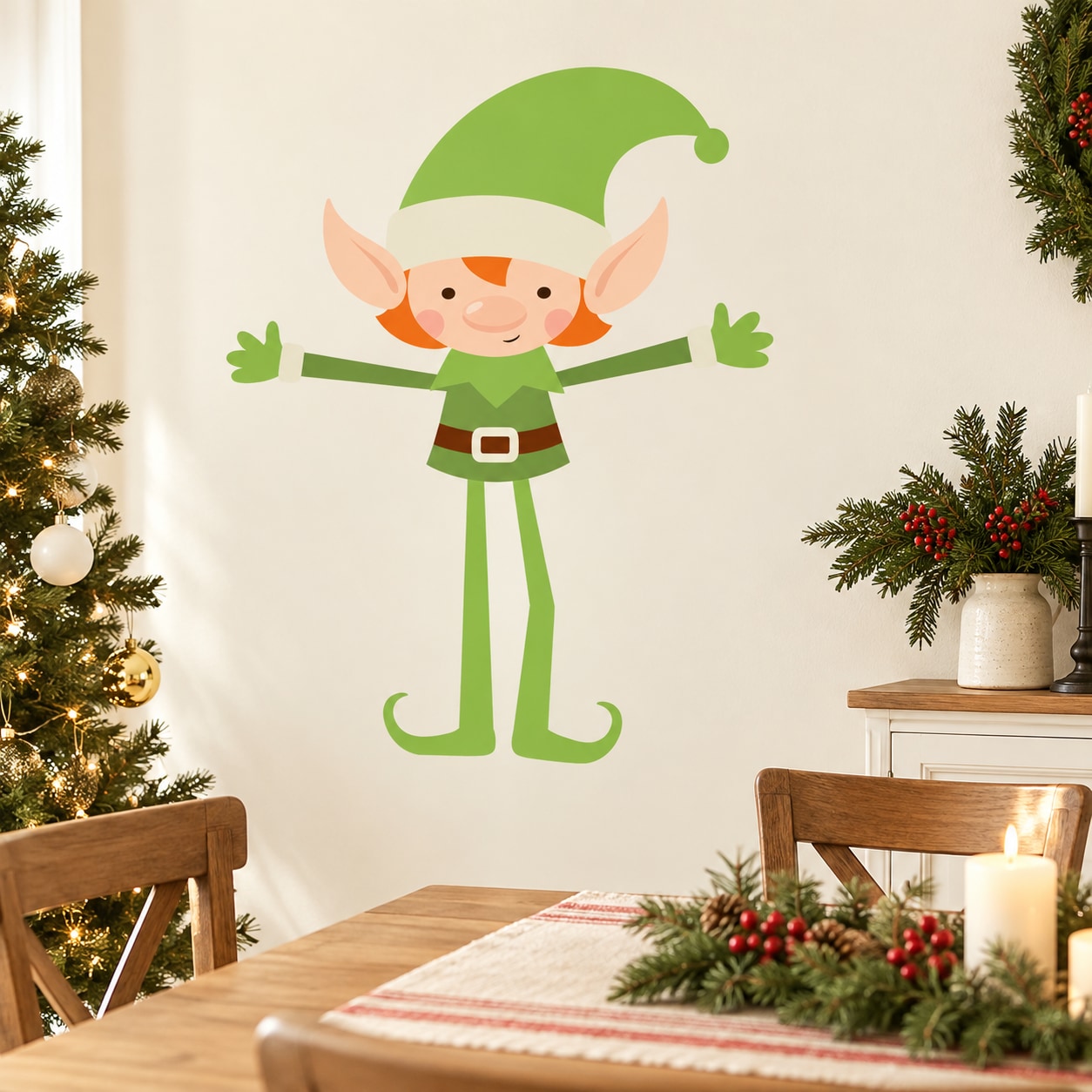 Elf hug sticker with cartoon elf in green outfit, arms wide and smiling