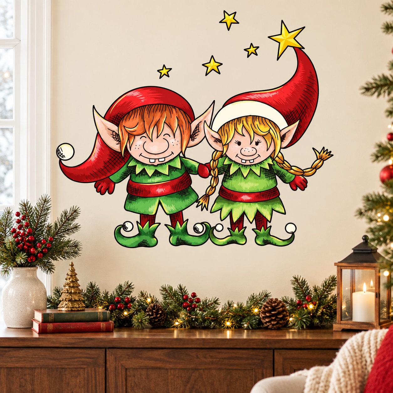 Christmas elf helpers sticker: two smiling cartoon elves, red hats, green coats, star accents