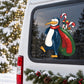 Christmas penguin helper sticker with penguin holding gift bag and candy canes, red scarf