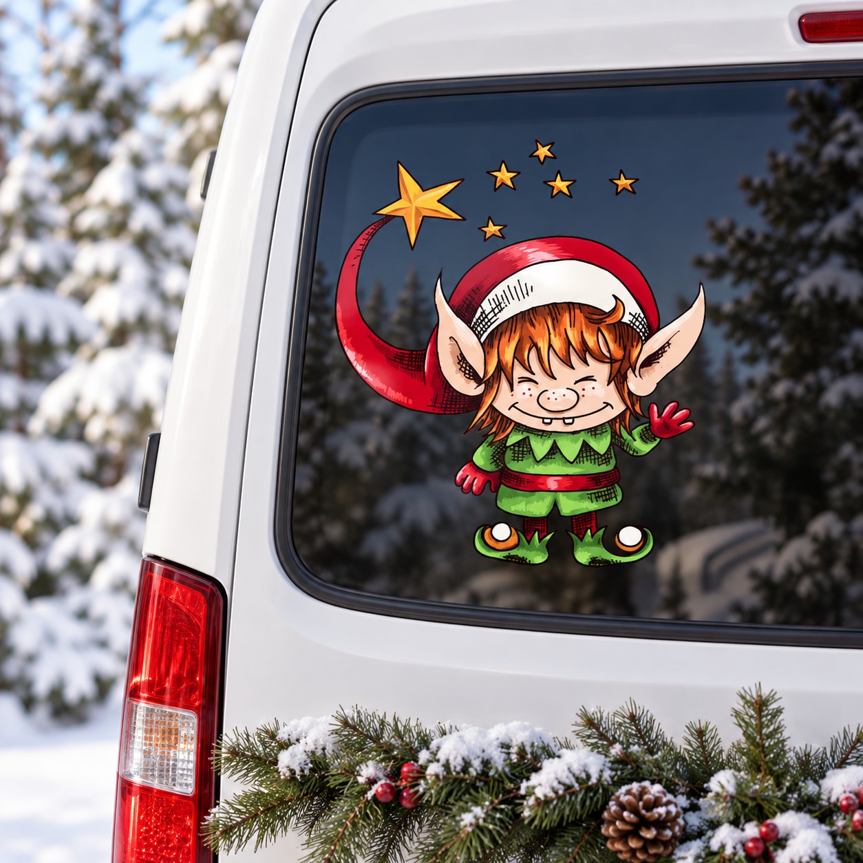 Elf helper sticker: cartoon elf boy in green outfit with moon and star accents.