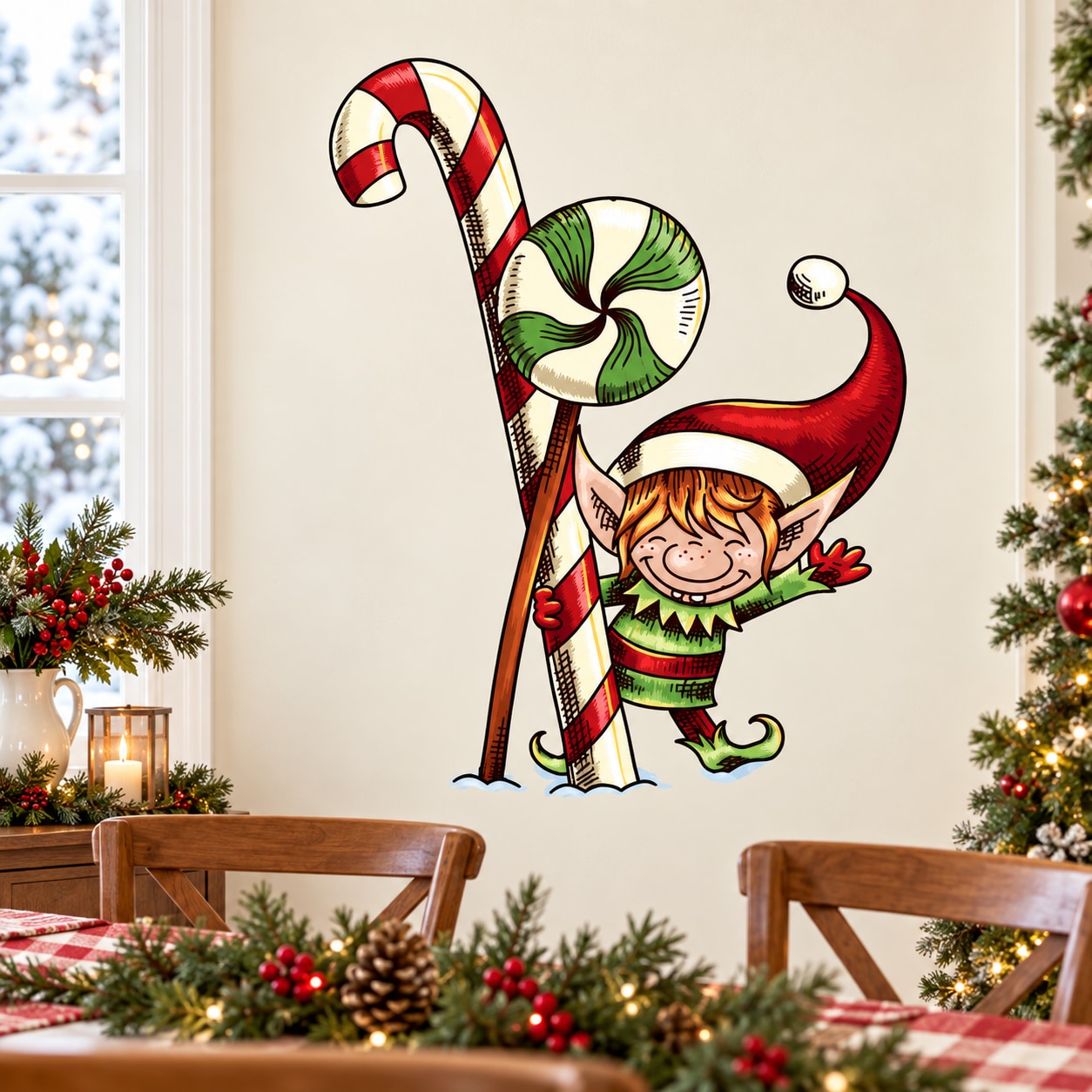 Christmas elf greeting sticker with candy canes, red and green hat and outfit