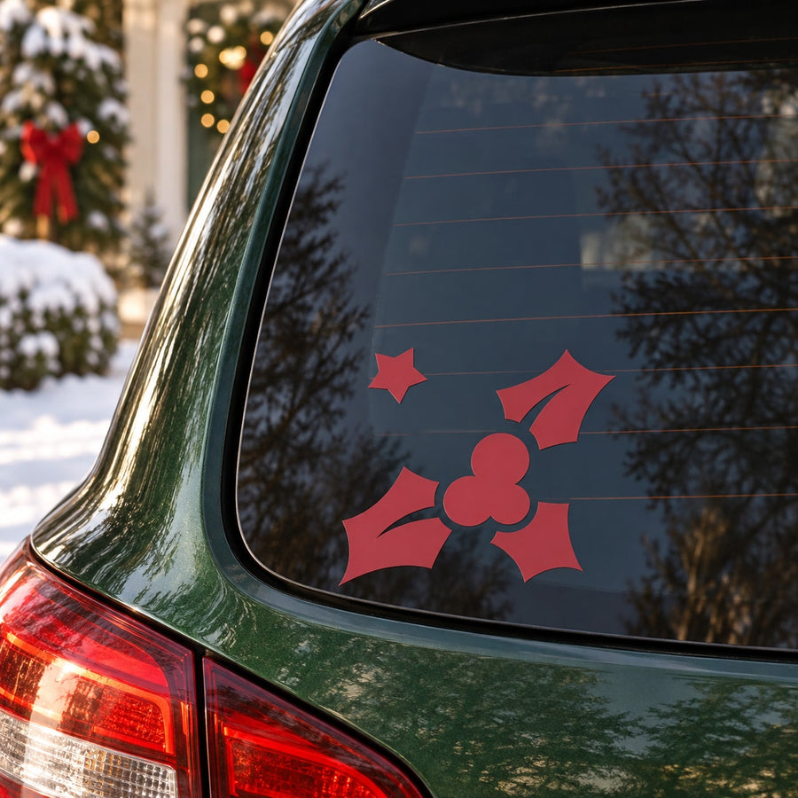 Christmas mistletoe vinyl decal in red on car rear window, star shape