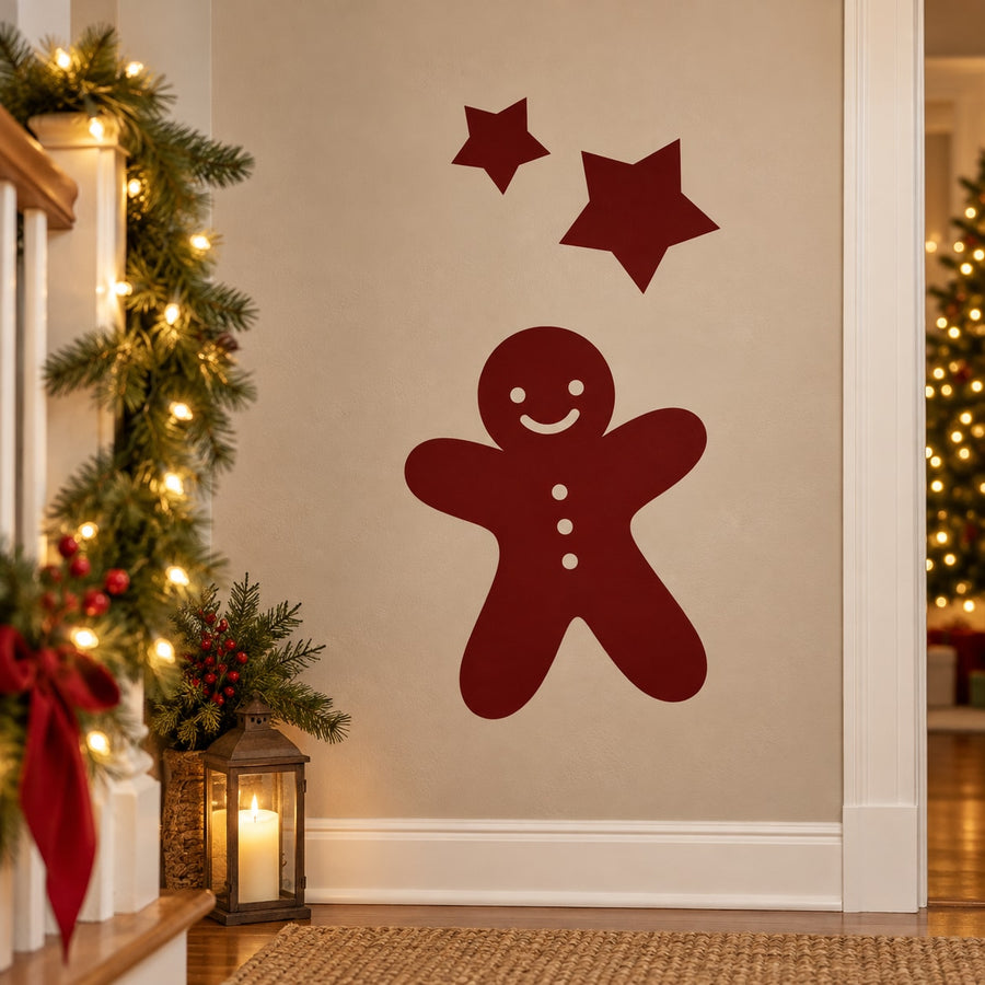 Christmas gingerbread man wall decal with red stars and smiling face