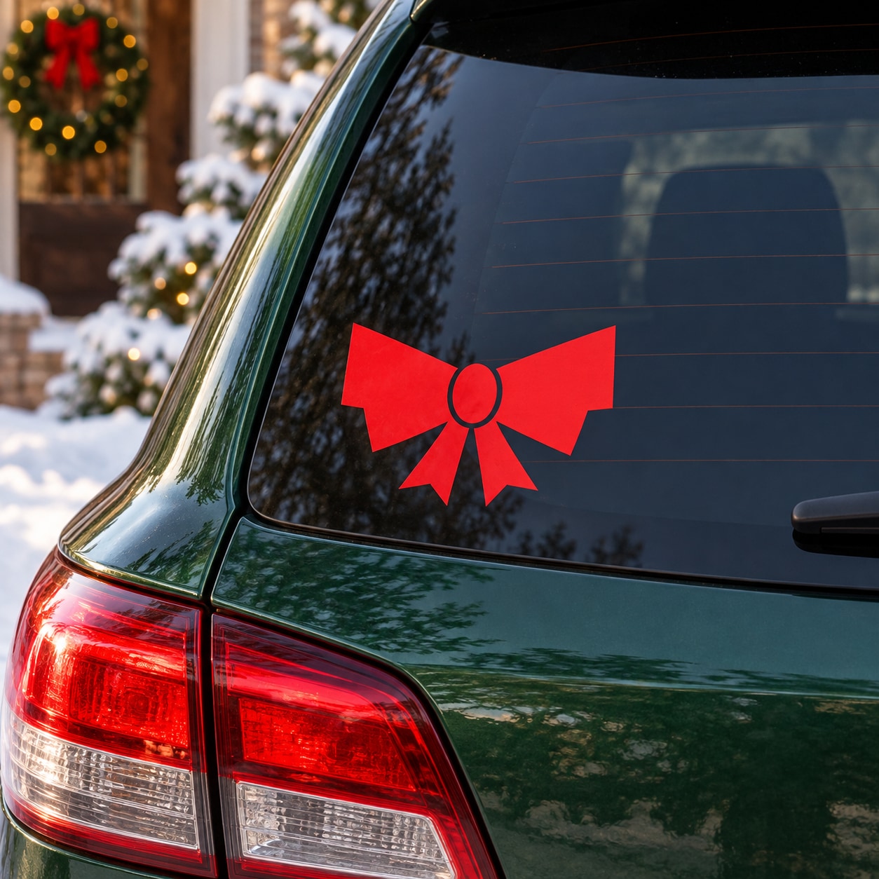 Red ribbon bow vinyl decal on car rear window