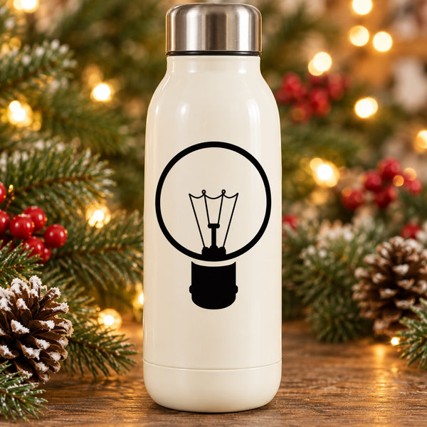 White bottle with black globe Christmas light decal, hanging bulb icon