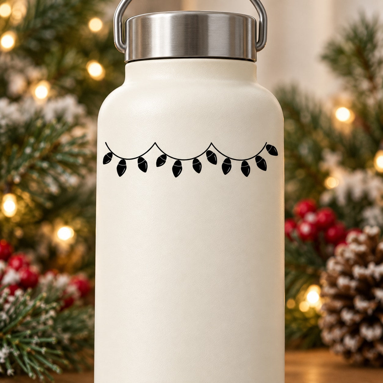 White bottle with black string lights decal