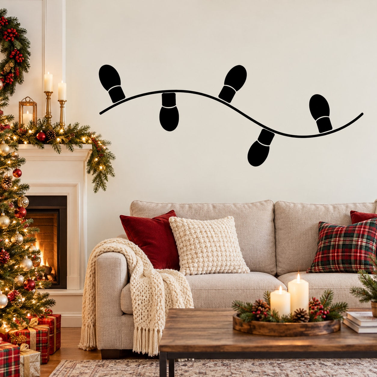 Black string lights wall decal with five bulb outlines
