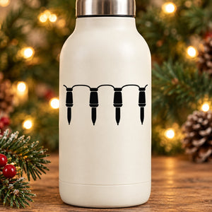 Christmas tree light string decal with four hanging bulb icons on white bottle