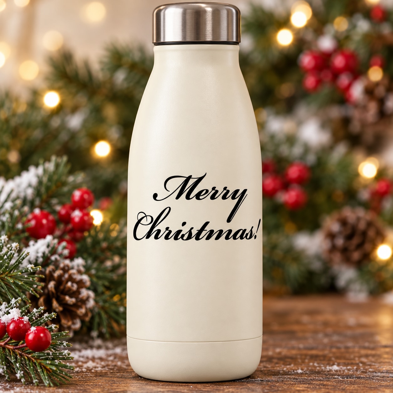 White insulated bottle with “Merry Christmas!” script quote decal