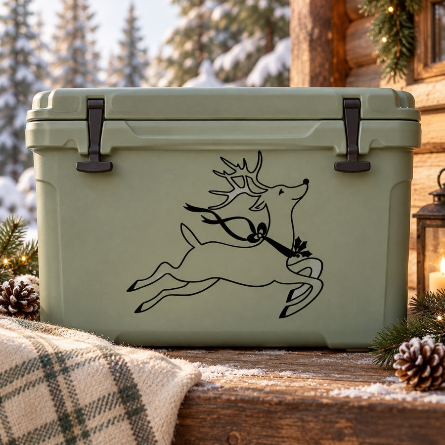 Reindeer decal of Rudolph running, black outline on a light green cooler