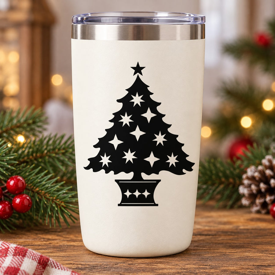 Christmas tree decal with black silhouette, star, ornaments, and sparkles