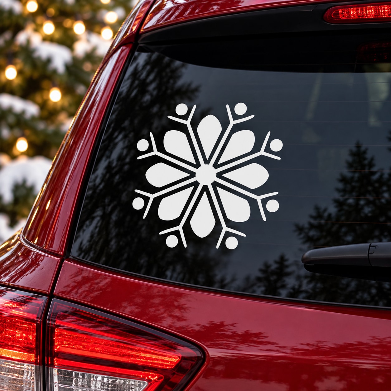 White snowflake decal on dark car window glass