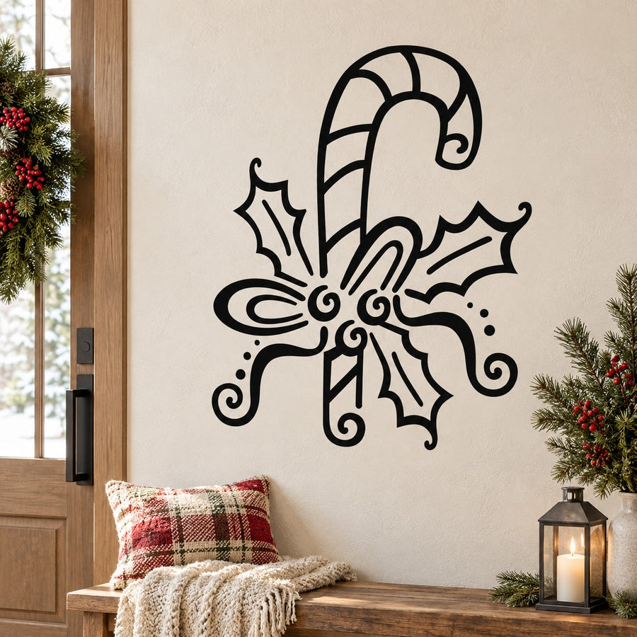 Candy cane and holly wall decal with leafy accents and curved candy cane outline