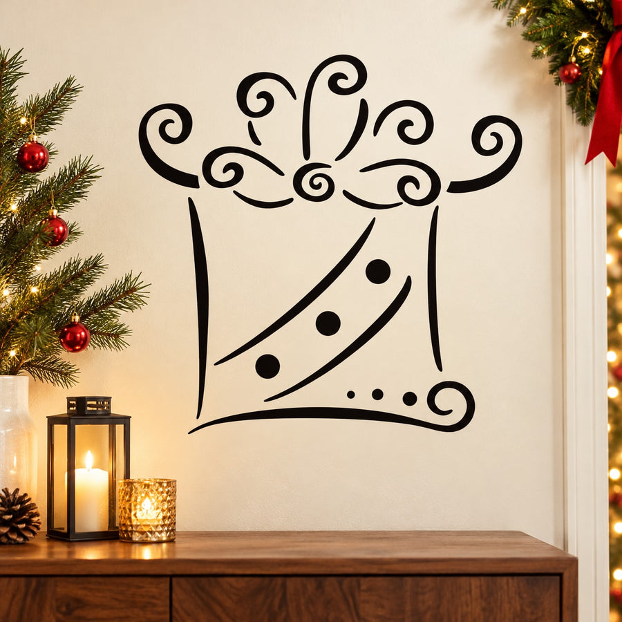 Christmas gift decal with black abstract boot outline and swirl details