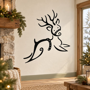 Black reindeer decal with antlers, brush-style design for wall decor
