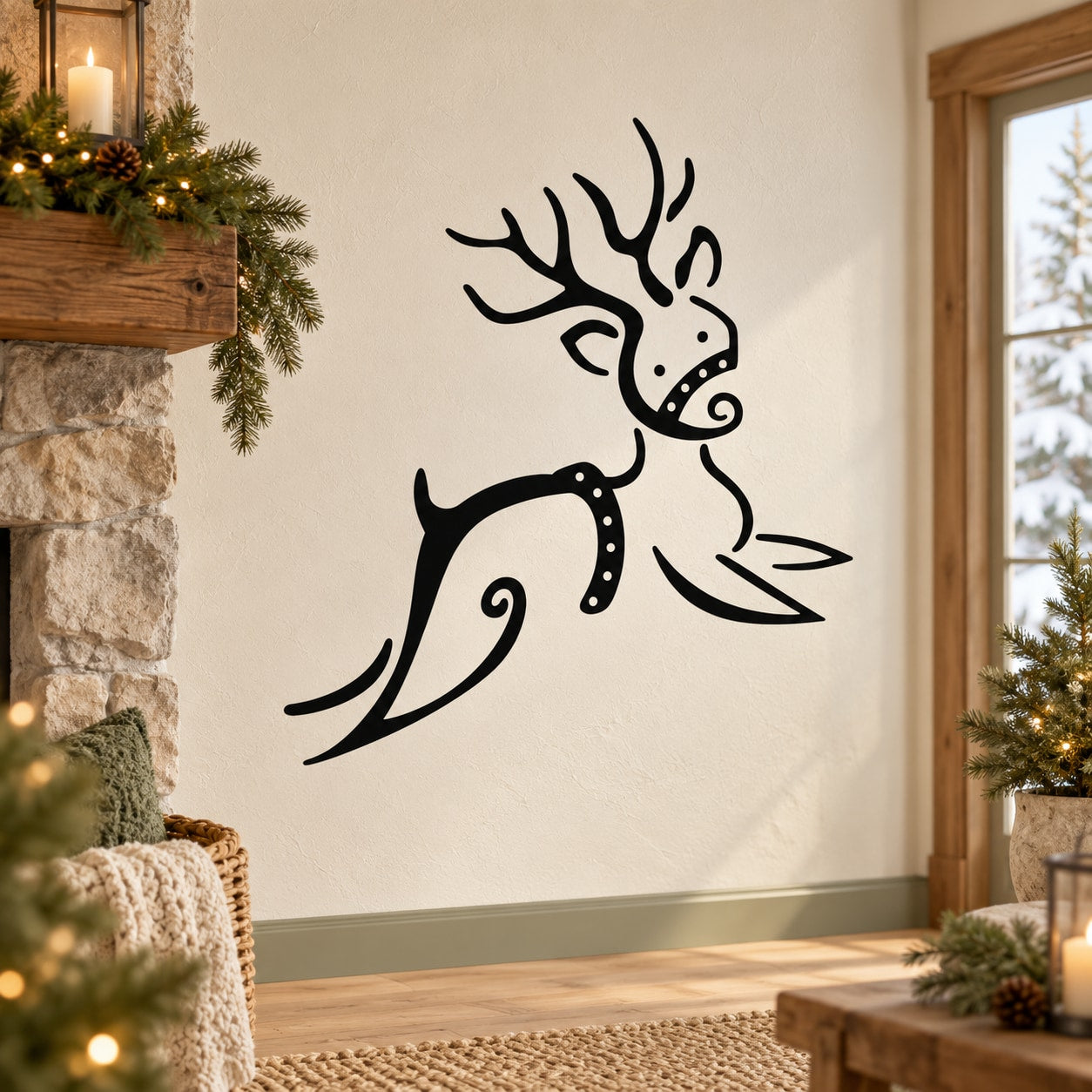 Black reindeer decal with antlers, brush-style design for wall decor