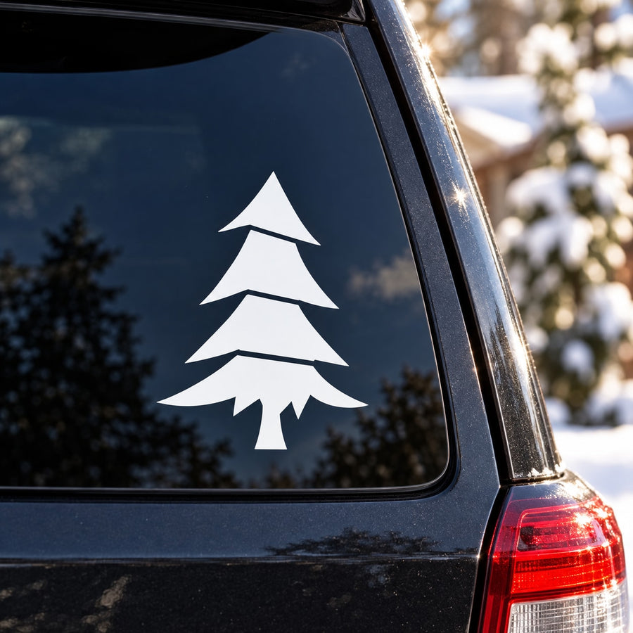 White segmented pine tree vinyl decal on car window