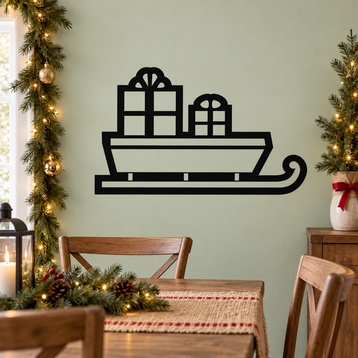 Black sleigh wall decal with wrapped presents and curved runner detail
