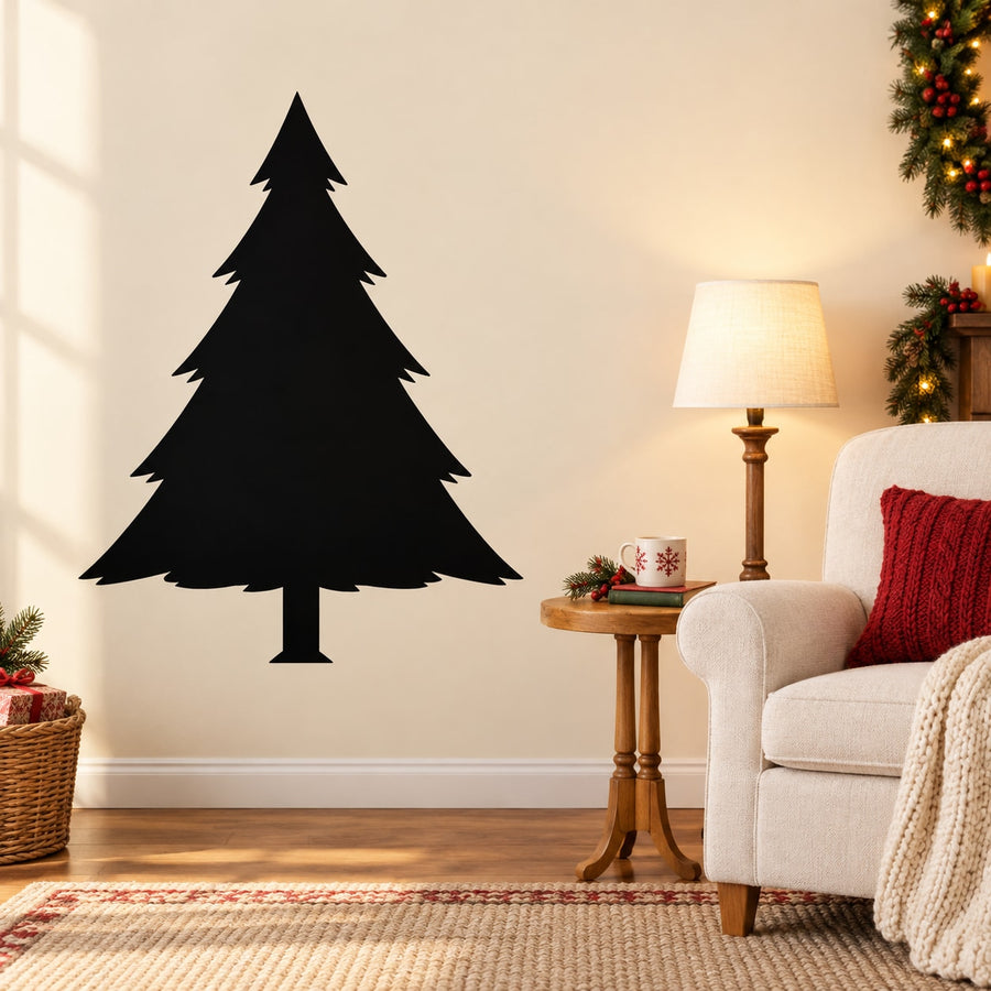 Black triangular pine tree wall decal with layered silhouette and trunk