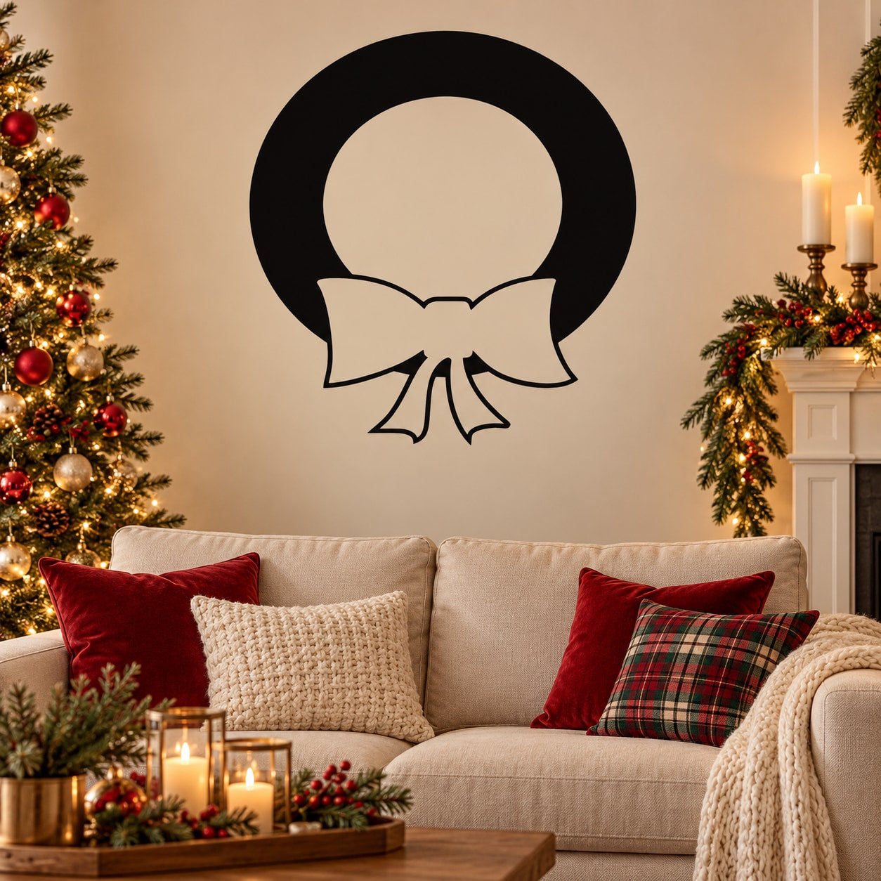 Black wreath bow decal with circular ring and ribbon bow wall sticker