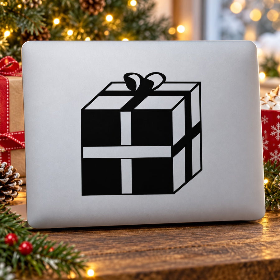 Boxy present gift decal with black-and-white 3D gift box and bow