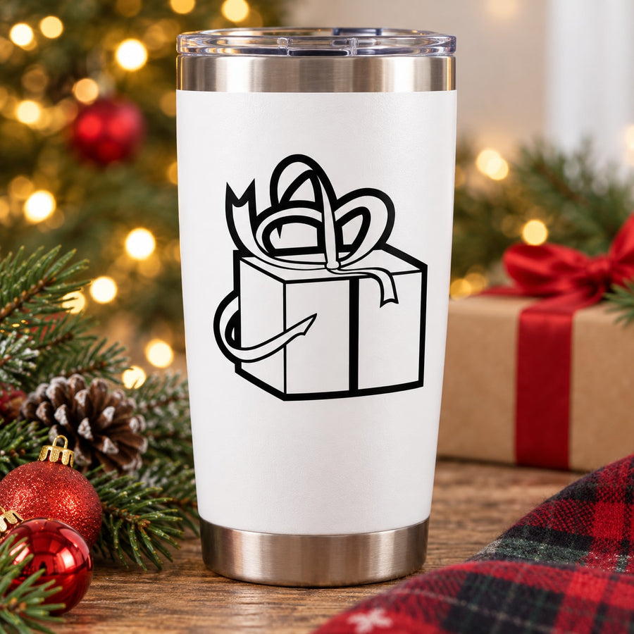 White tumbler with stainless steel base, clear lid, and black gift ribbon decal