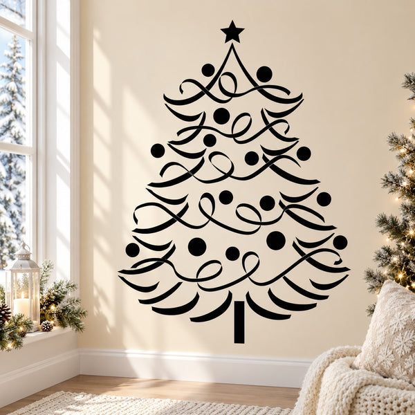 Black Christmas tree wall decal with star, ribbons, and round ornaments