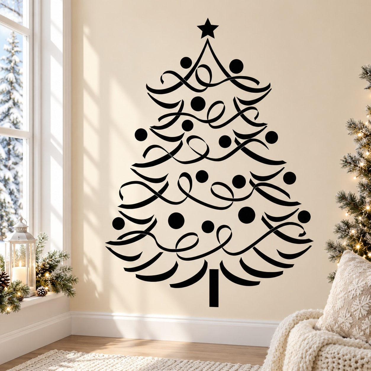 Black Christmas tree wall decal with star, ribbons, and round ornaments