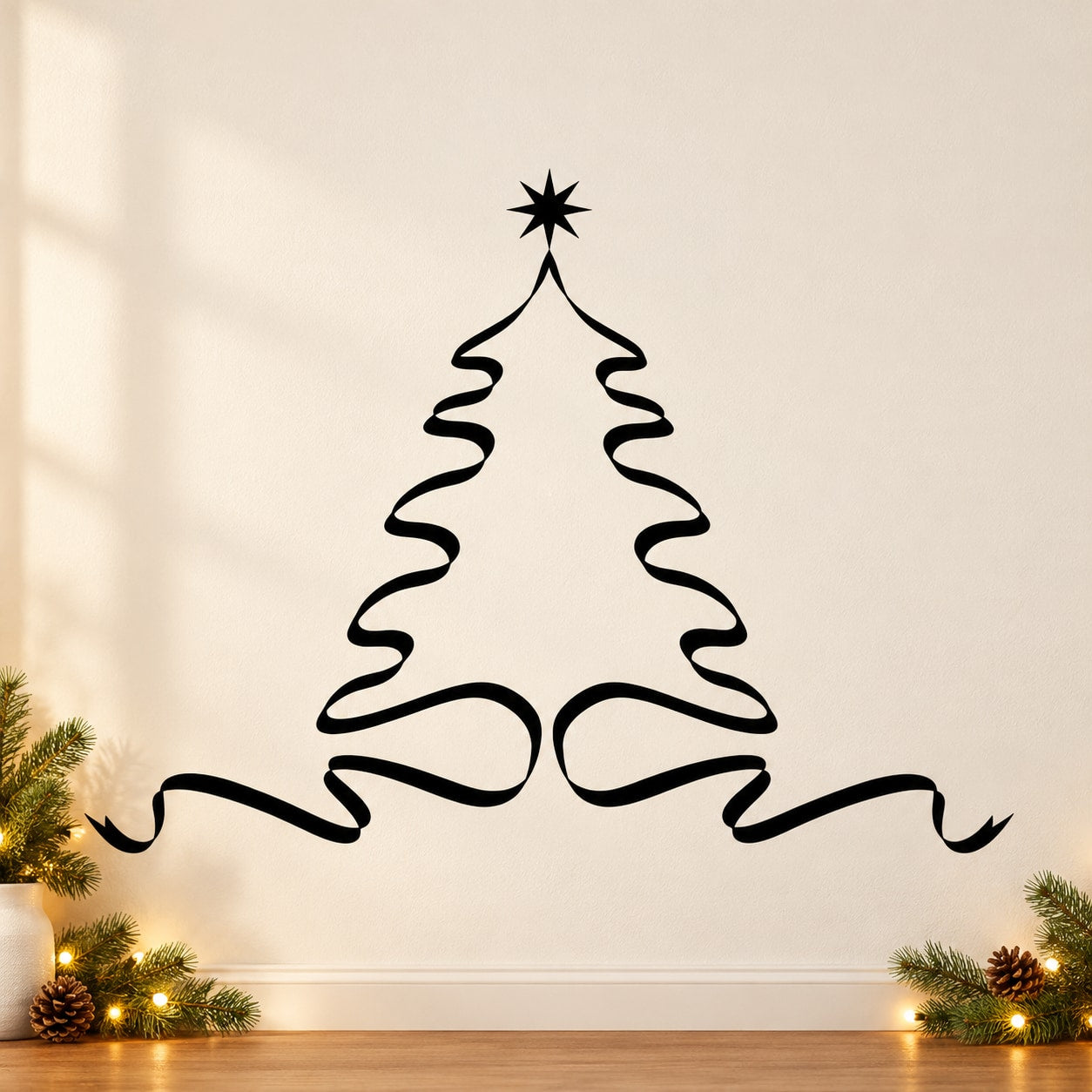Christmas tree ribbon wall decal, black swirling tree with star topper