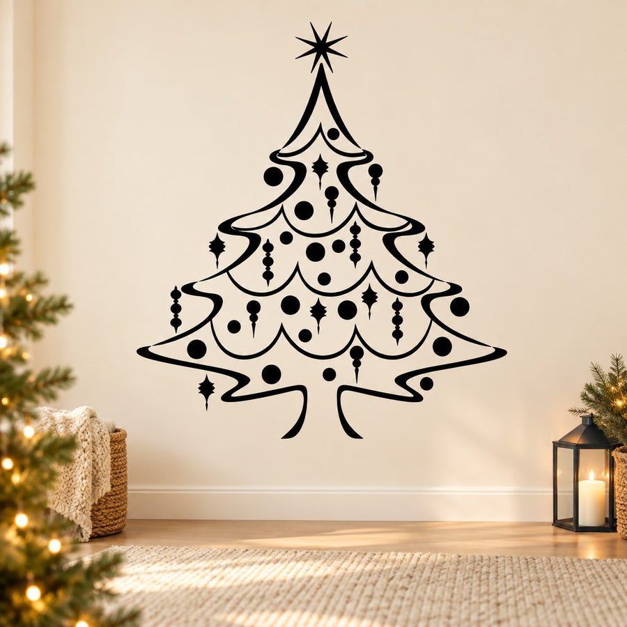 Black Christmas tree wall decal with hanging ornament dots and star topper