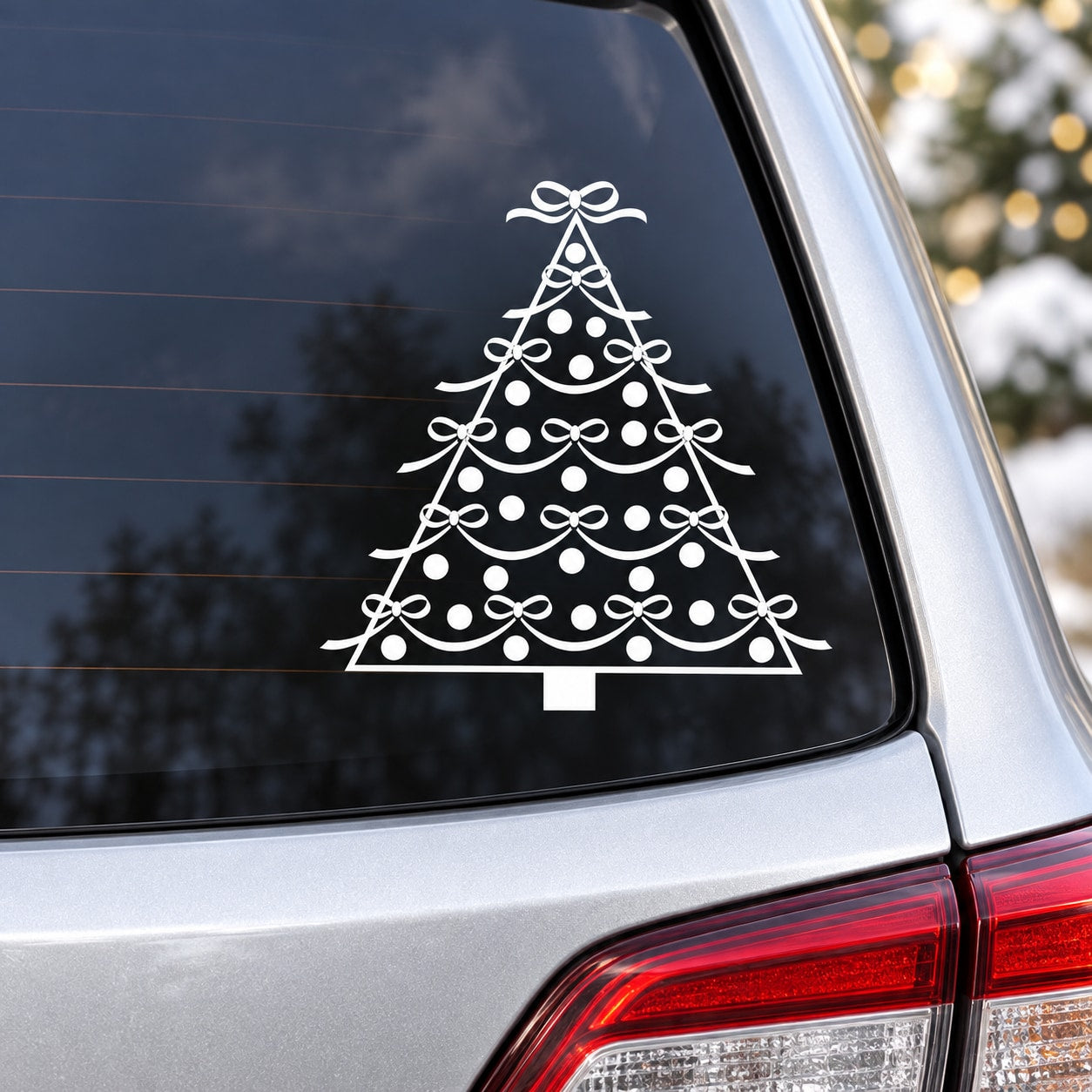 Christmas tree decal with ribbon bows and ornaments, white on dark surface
