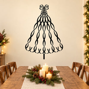 Swirled ribbon Christmas tree wall decal in black, with bow at the top