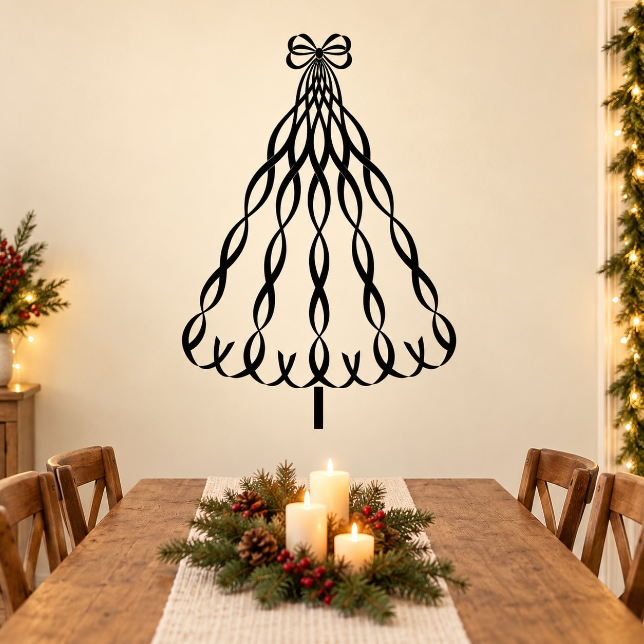 Swirled ribbon Christmas tree wall decal in black, with bow at the top