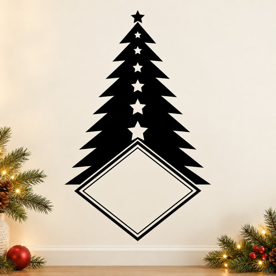 Black Christmas tree frame decal with star accents and diamond center