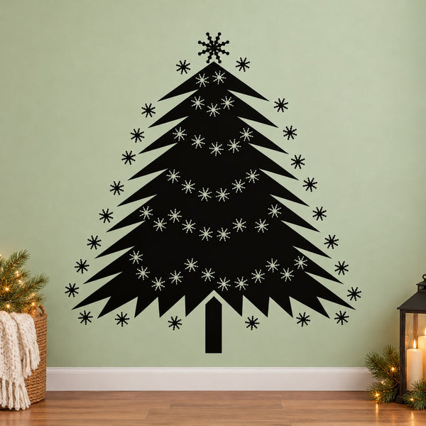 Sparkly Christmas tree decal with black tree silhouette and white snowflake glitter