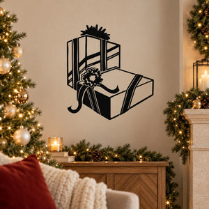 Stacked gift Christmas decal with bow and flower design, black and white outlines