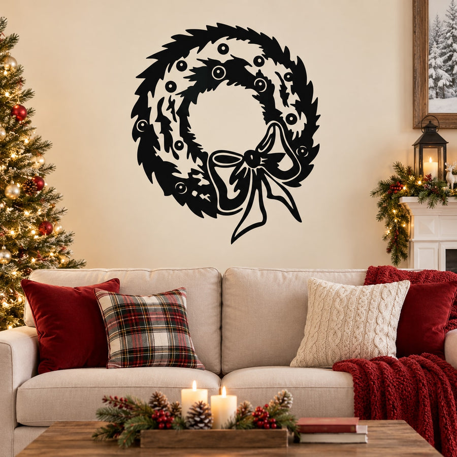 Wreath with Bow and Holly Berries Decal — illustrative vinyl decal application mockup. Surrounding objects are not included.